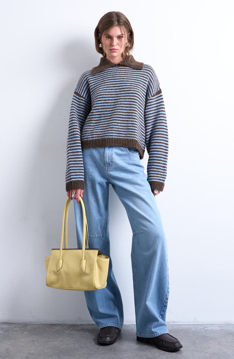 Topshop Stripe Polo Sweater, Main, color, Light Blue Multi