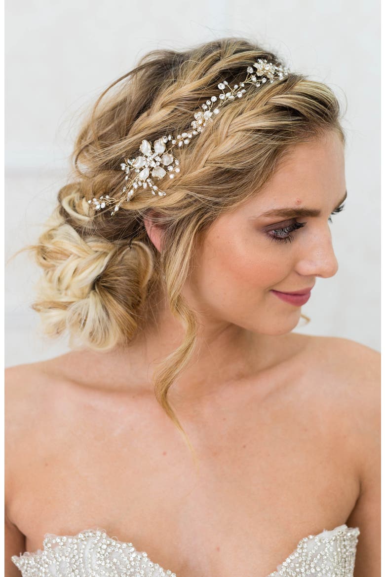 Atiena Embellished Floral Motif Halo & Sash, Main, color, 14 K GOLD