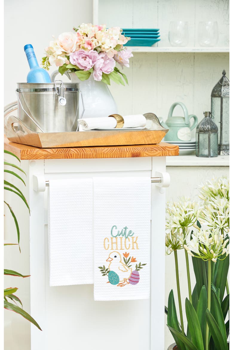 "Cute Chick" Easter Spring Embroidered Cotton Waffle Weave Kitchen Dishtowel, Alternate, color, White