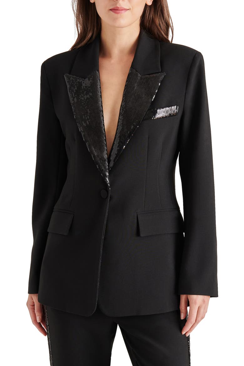 Misha Sequin Trim Satin Blazer, Main, color, BLACK