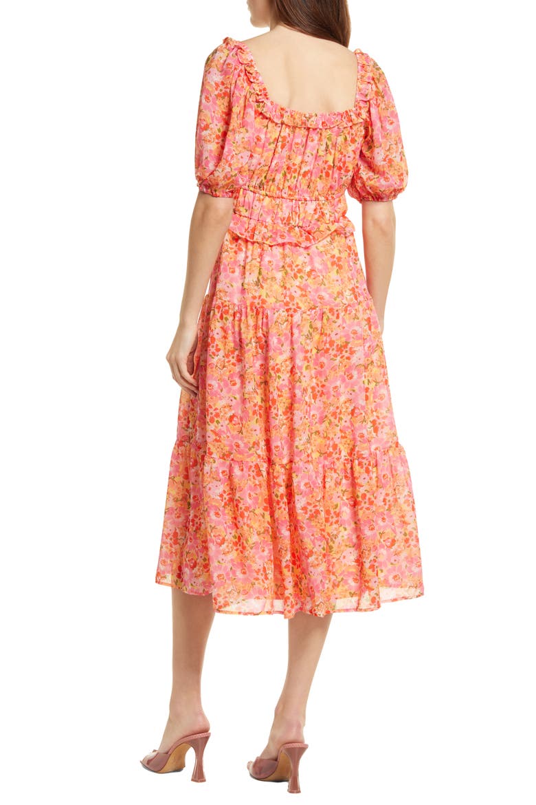 Women's Paloma Floral Print Tiered Midi Dress, Alternate, color, CORAL WATERCOLOR FLORAL