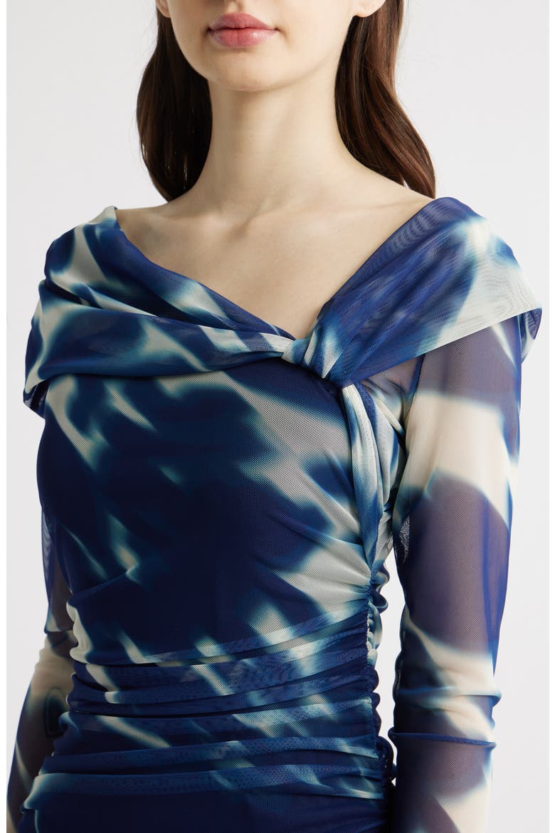 Dina Long Sleeve Ruched Mesh Maxi Dress, Alternate, color, FLORAL WAVE
