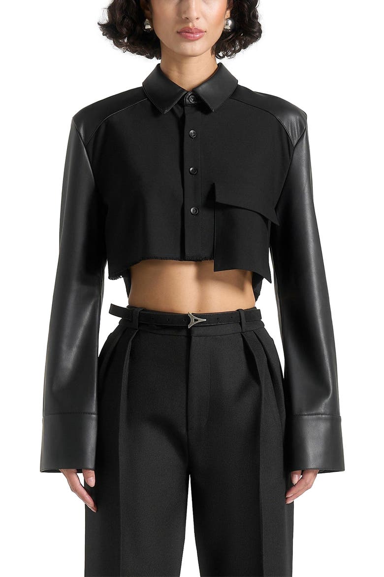Bernadette Leather Contrast Cropped Shirt, Alternate, color, Black