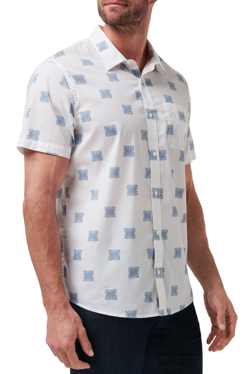 TravisMathew Favorite Part Floral Geo Print Short Sleeve Stretch Button-Up Shirt, Alternate, color, White