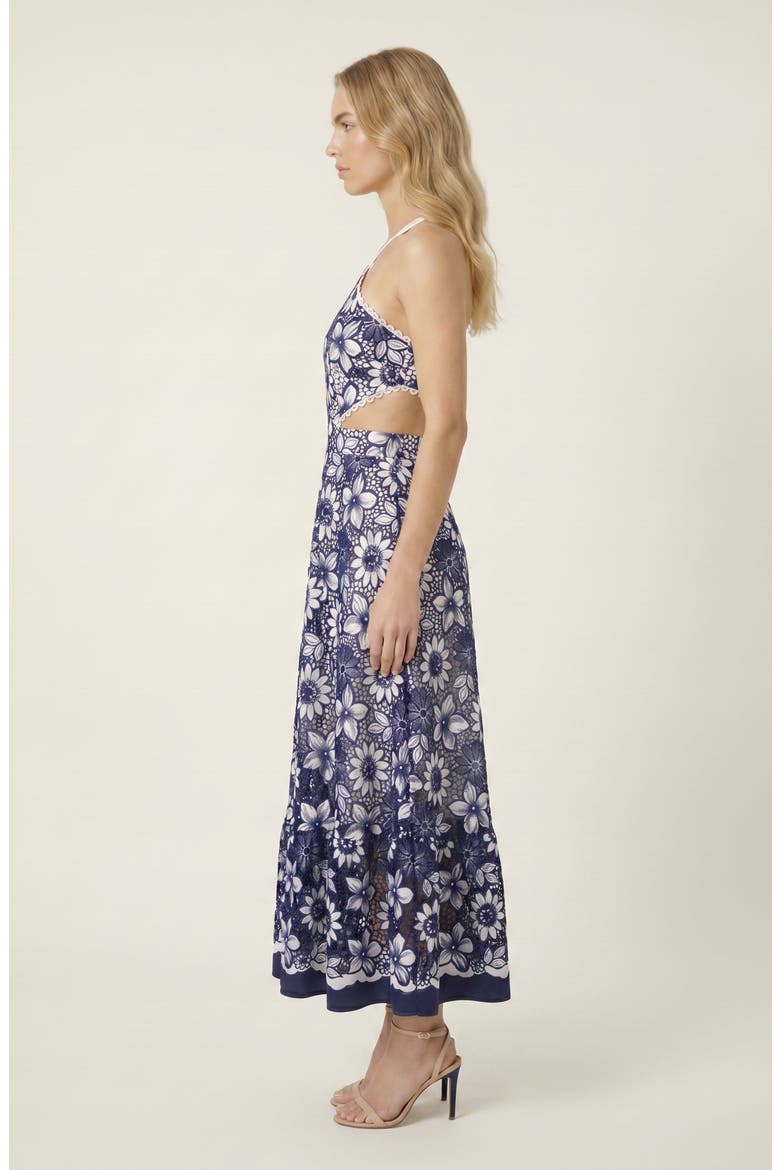 Halter Dress with Vintage Embroidery and Cutout Waist, Alternate, color, Blue