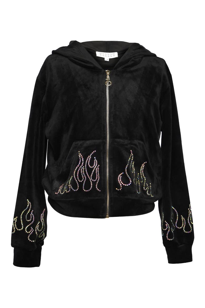 Kids' Crystal Flame Velour Zip-Up Hoodie, Main, color, BLACK