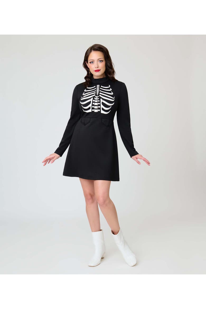 1960s Mock Turtleneck Fit & Flare Dress, Main, color, Black w/ Skeleton Print