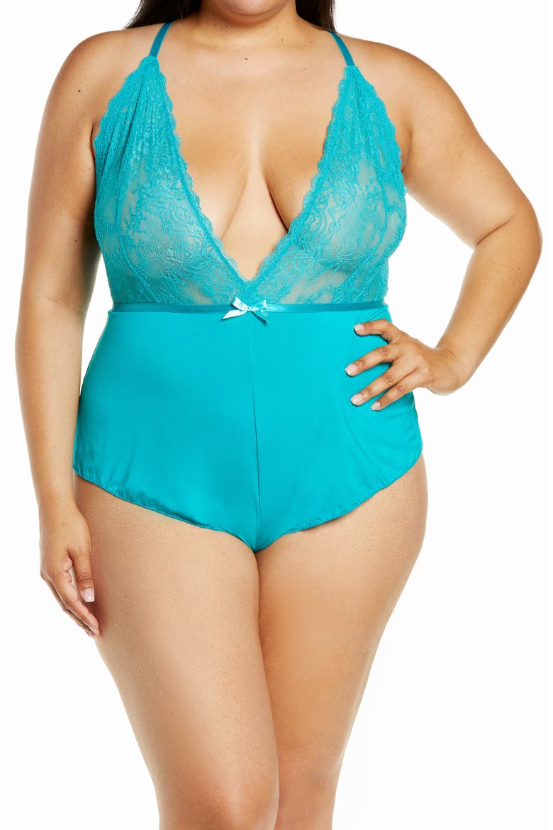 Plunge Neck Lace & Floral Print Teddy, Main, color, LAPIS