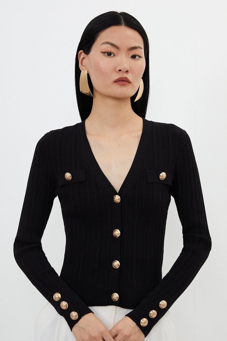Viscose Blend Rib Military Trim Cardigan, Main, color, Black