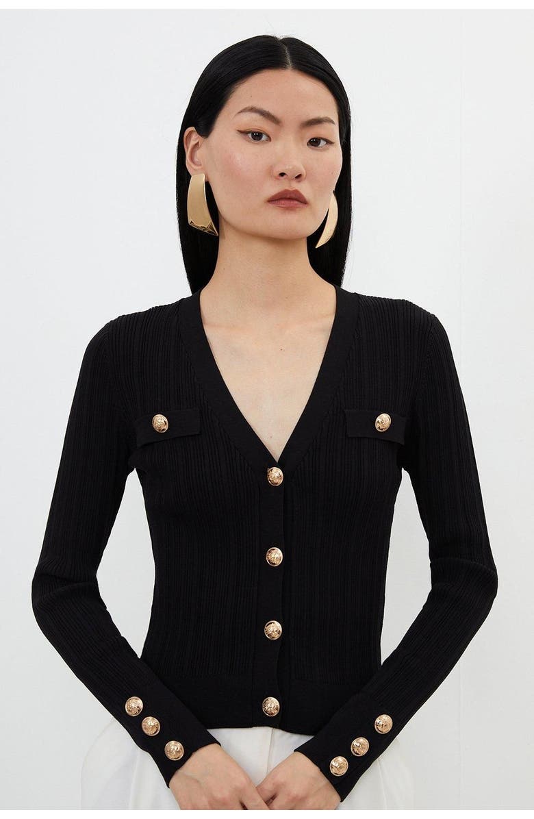 Karen Millen Viscose Blend Rib Military Trim Cardigan, Main, color, Black
