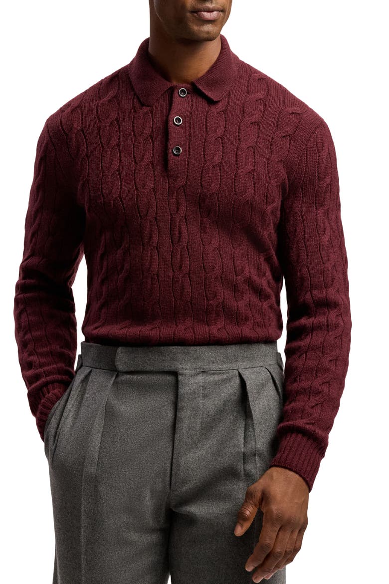 Cable Knit Cashmere Polo Sweater, Main, color, MAHOGANY