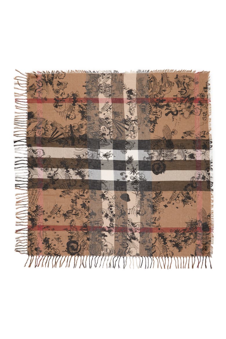 Sketchbook Doodle Mega Check Silk & Cotton Scarf, Alternate, color, CAMEL CHECK/ BLACK