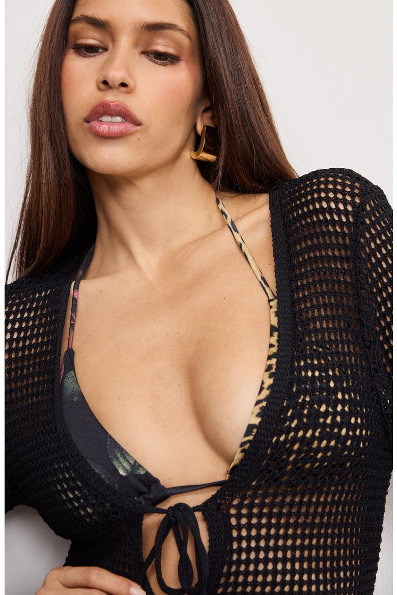 Long Sleeve Open Stitch Cover-Up Minidress, Alternate, color, BLACK001