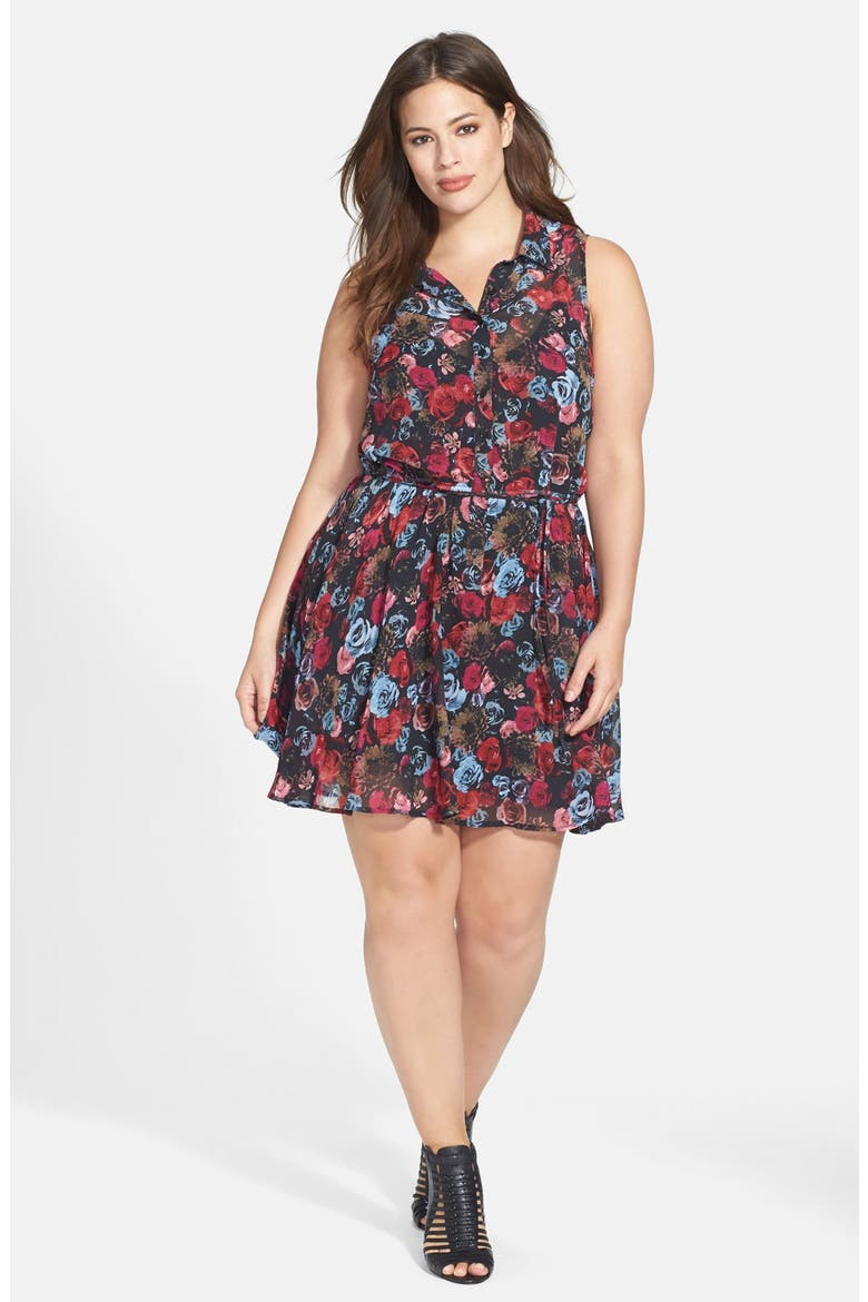 BB Dakota 'Jenkins' Floral Print Shirtdress, Main, color, BLACK