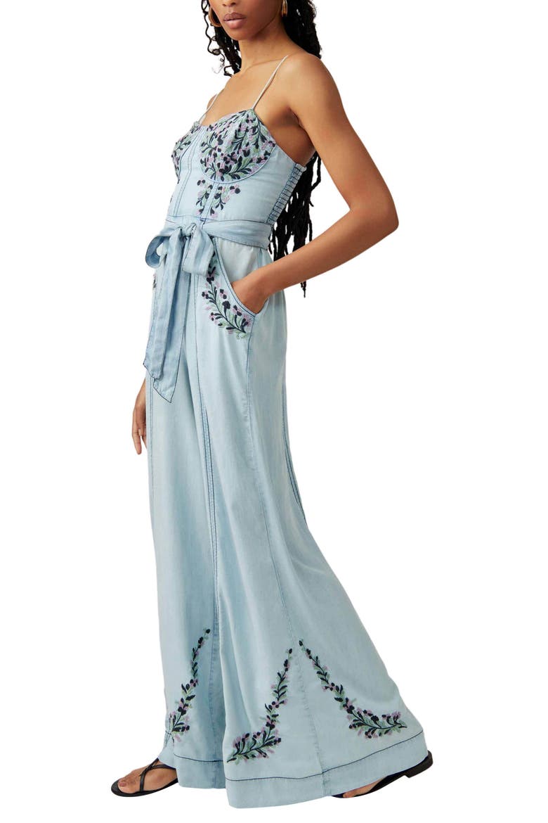 Brigitte Embroidered Wide Leg Denim Jumpsuit, Alternate, color, DARK INDIGO COMBO
