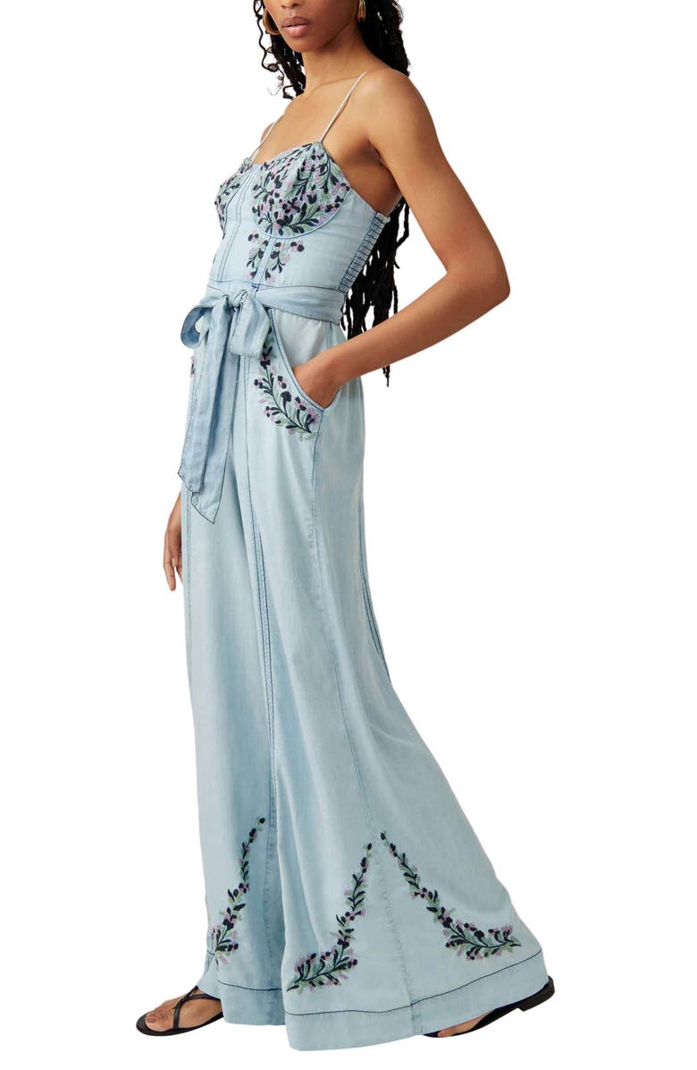 Free People Brigitte Embroidered Wide Leg Denim Jumpsuit, Alternate, color,