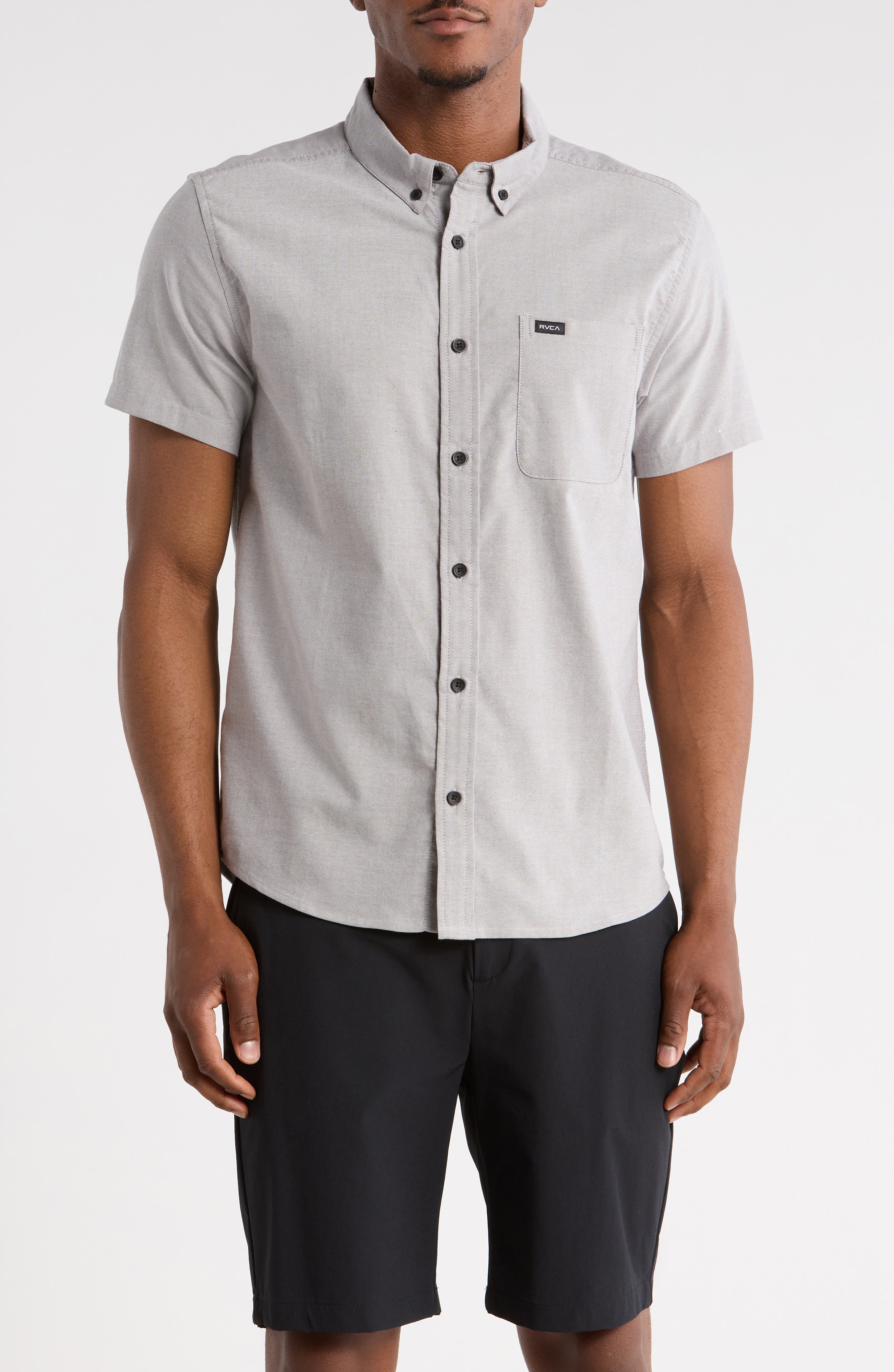 RVCA That'll Do Slim Fit Solid Short Sleeve Button-Down Shirt