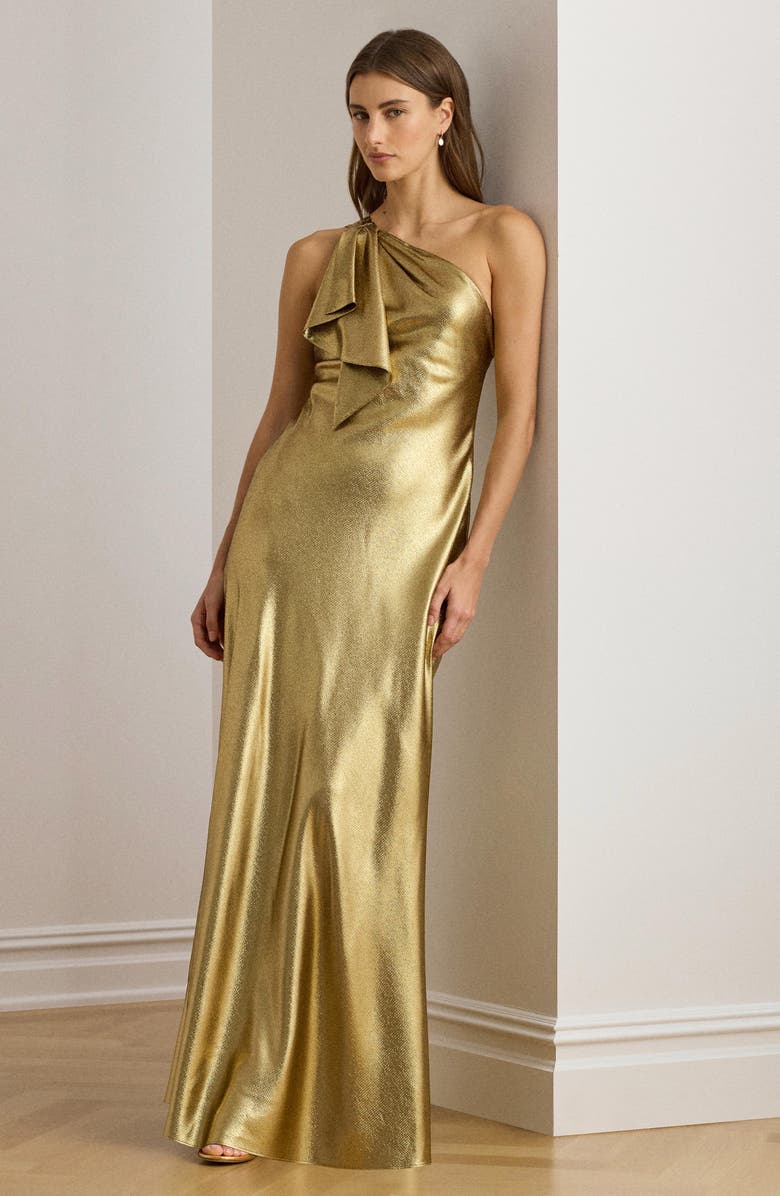 Lauren Ralph Lauren Elzira Hammered Satin Gown, Alternate, color, Metallic Gold Foil
