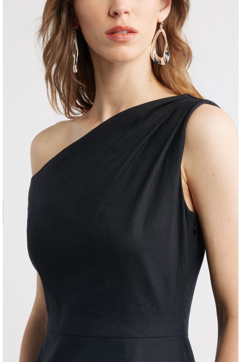 Floral Off the Shoulder Linen Blend Midi Dress, Alternate, color, BLACK