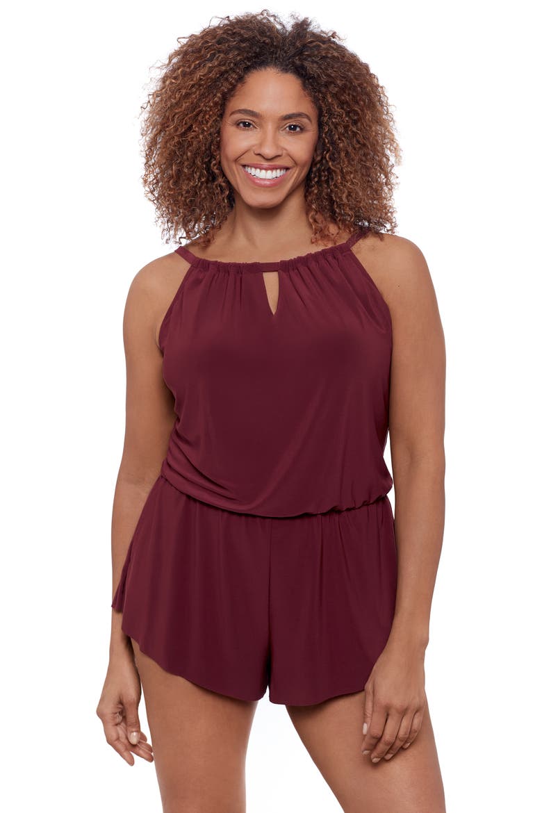 Keyhole Blouson Slimming Swimsuit Romper with Pockets, Main, color, Currant