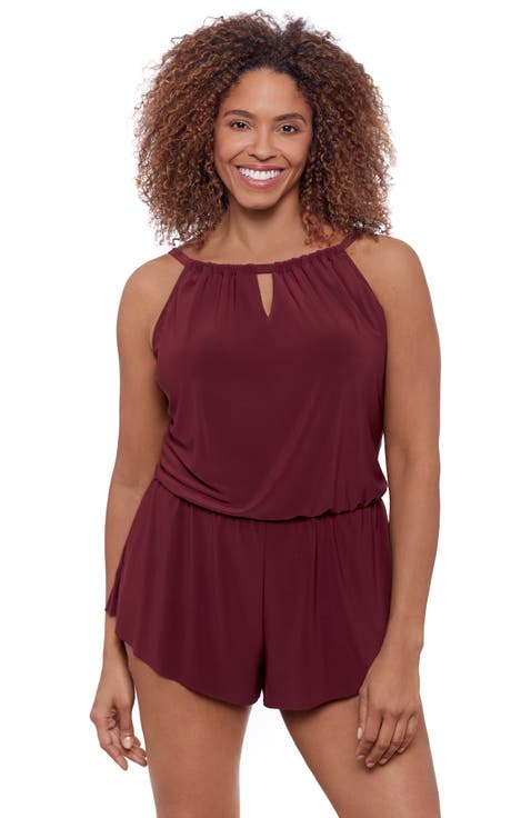 Keyhole Blouson Slimming Swimsuit Romper with Pockets