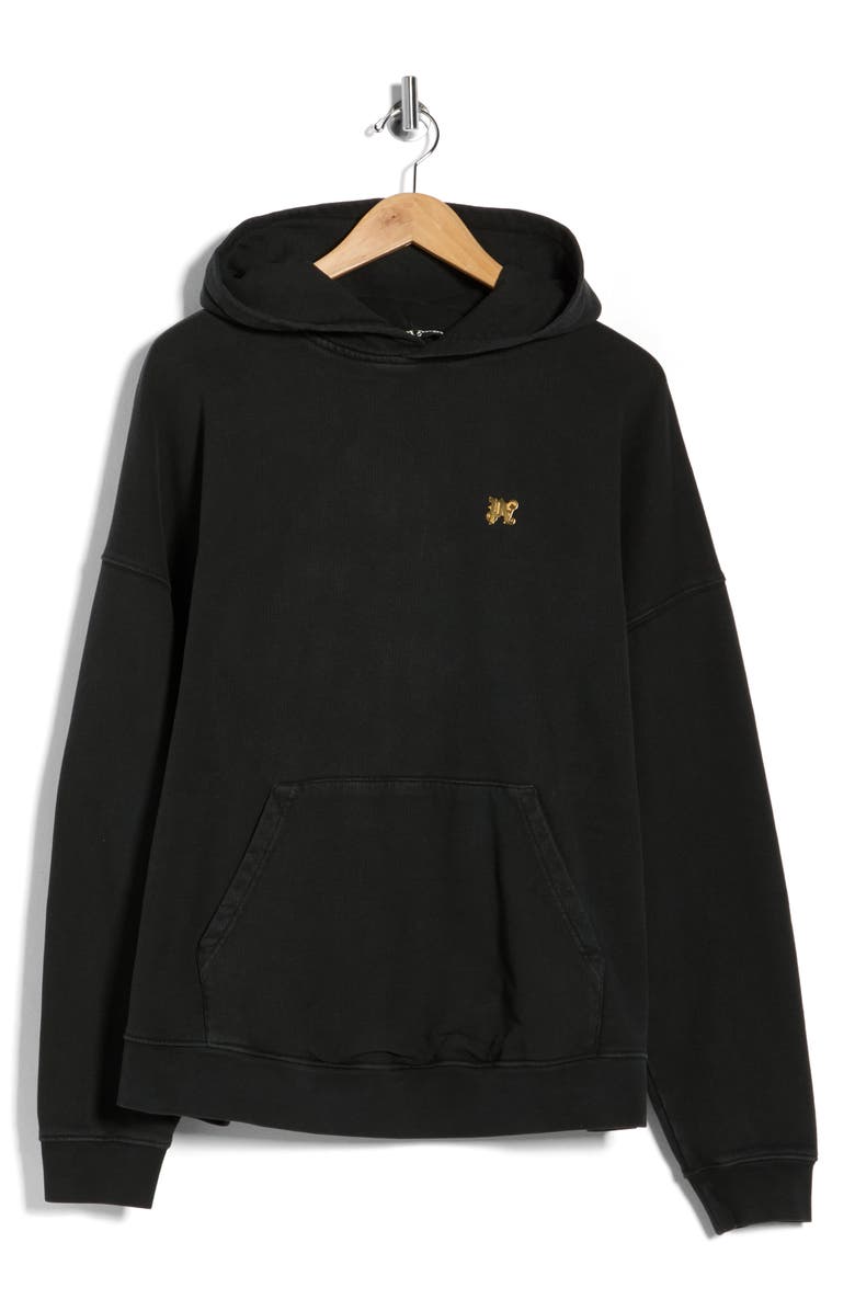 Palm Angels Logo Pin Cotton Hoodie, Main, color, Black/Gold