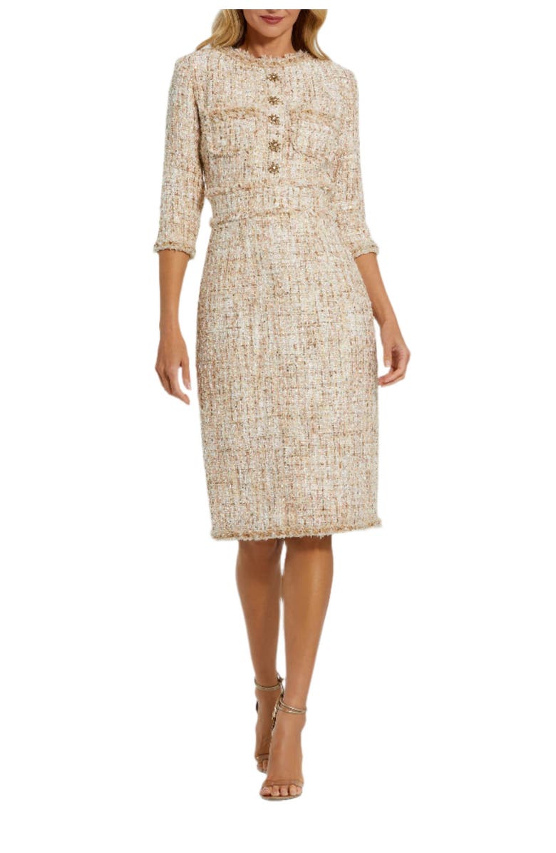 Mac Duggal High neck 3/4 Sleeve Beaded Trim Midi Dress, Alternate, color, Blush