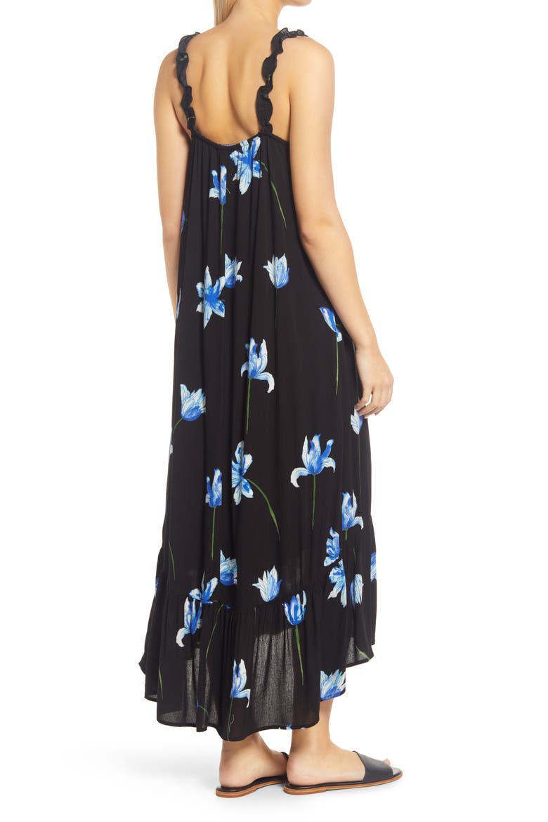 High-Low Ruffle Edge Maxi Dress, Alternate, color, BLACK BLUE FLORAL PRINT