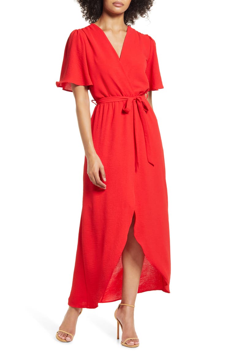 Flutter Sleeve Faux Wrap Maxi Dress, Main, color, TOMATO