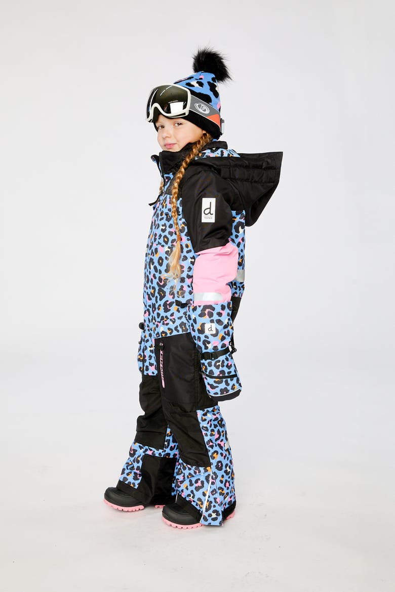 Teknik Leopard Fleece Lined & Reinforced Knees One Piece Snowsuit, Alternate, color, Blue Leopard Print