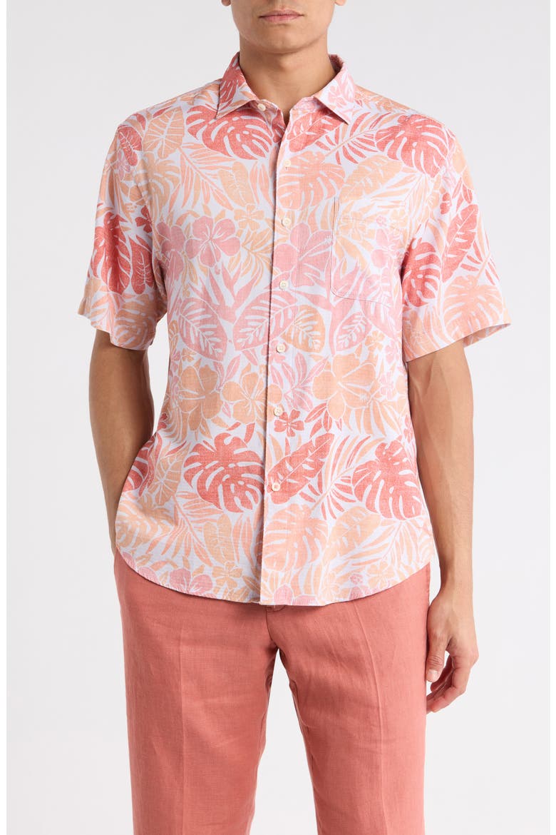 Falling Monstera Short Sleeve Button-Up Shirt, Main, color, CLARETE