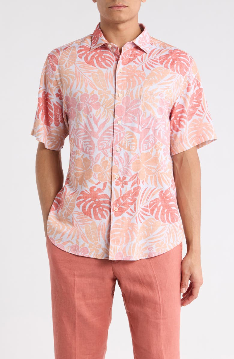 Tommy Bahama Falling Monstera Short Sleeve Button-Up Shirt, Main, color, Clarete