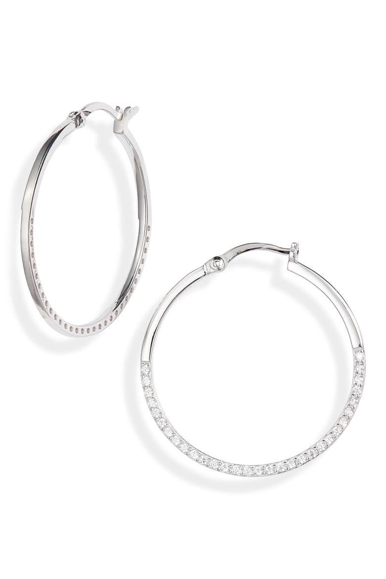 Argento Vivo Half Pavé Hoop Earrings, Main, color, SILVER