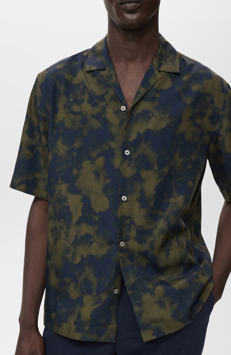MANGO Fluid Print Camp Shirt, Alternate, color, Olive Green