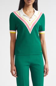 ST. JOHN Diagonal Texture V-Stripe Polo Sweater