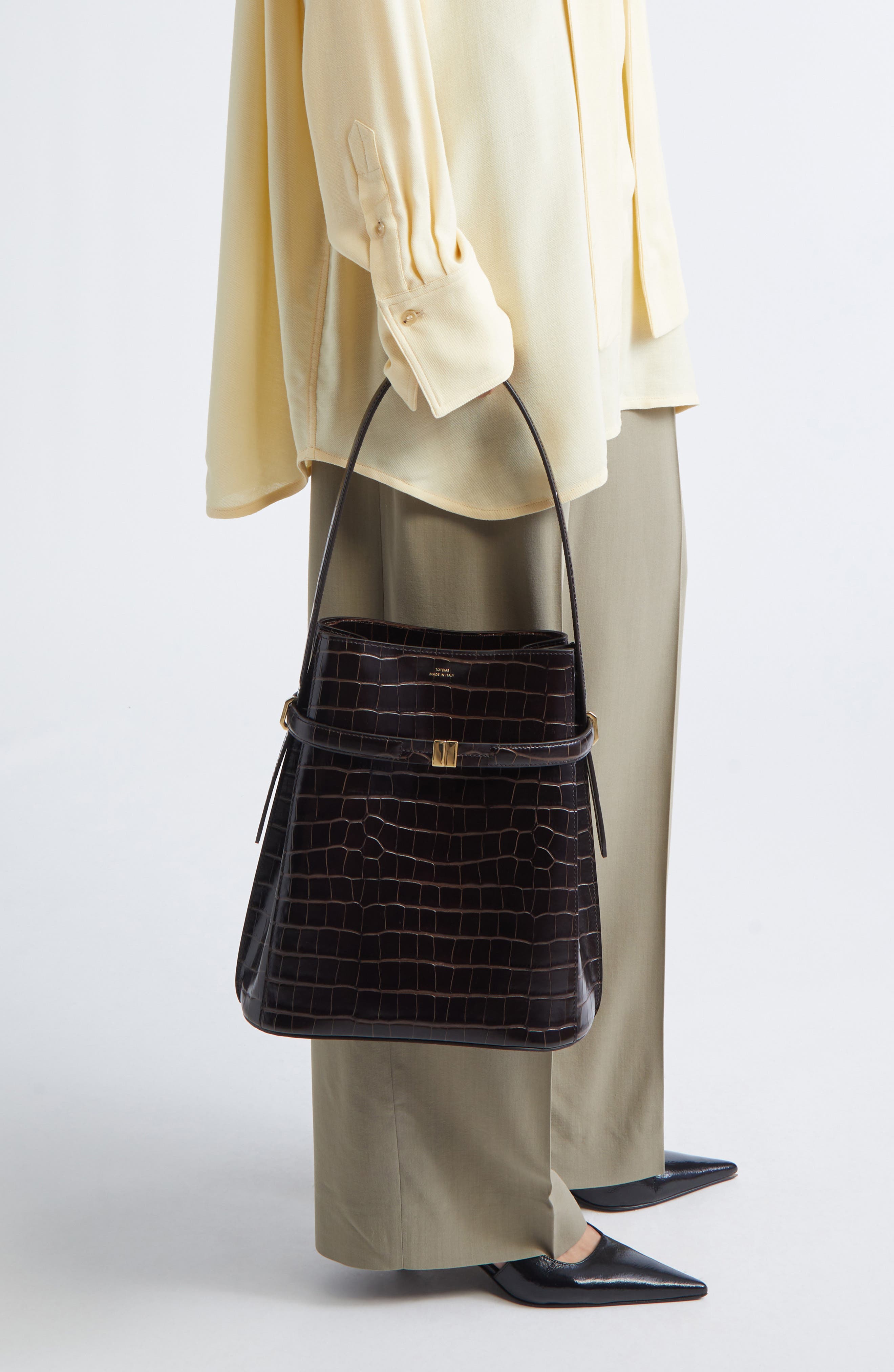 TOTEME Belted Croc Embossed Leather Bucket Bag, Alternate, color, Dark Brown