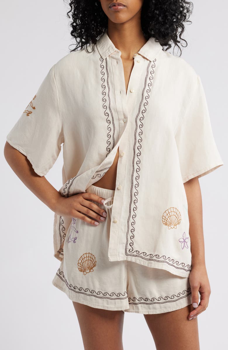 Rip Curl Beach Party Embroidered Linen Blend Camp Shirt, Main, color,