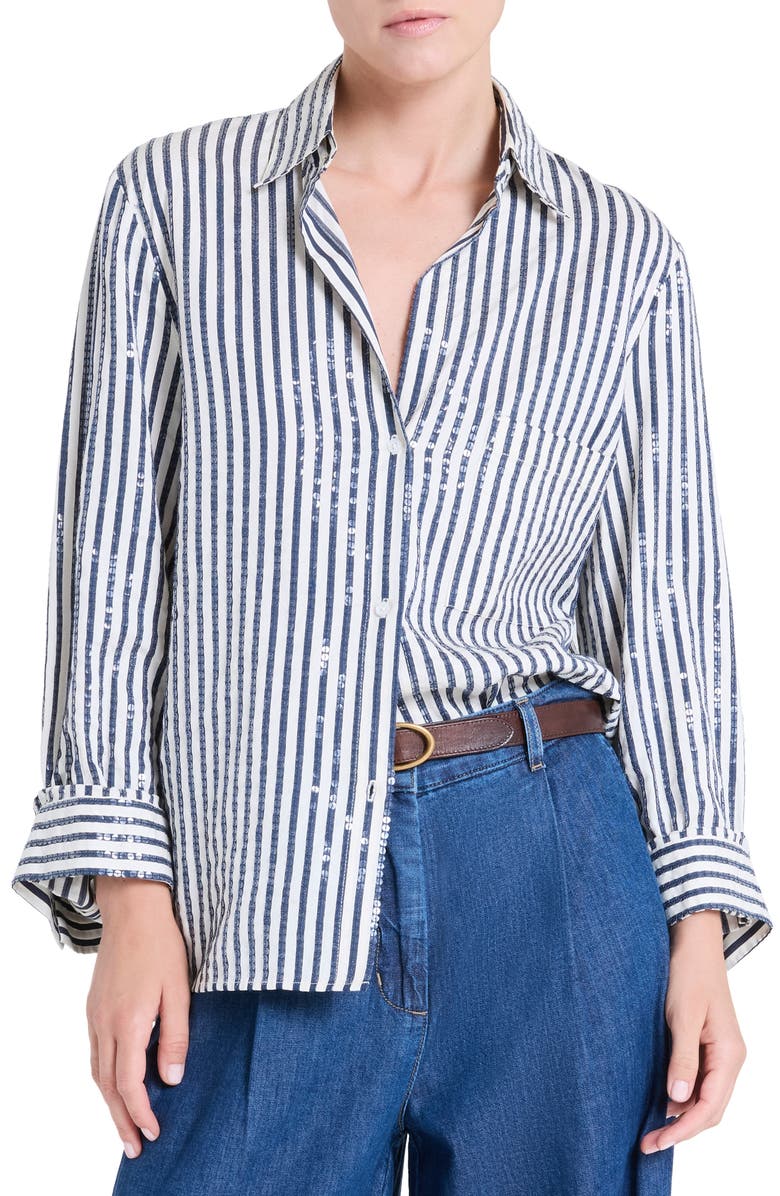 TWP Next Morning Sequin Stripe Button-Up Shirt, Main, color, Indigo / White
