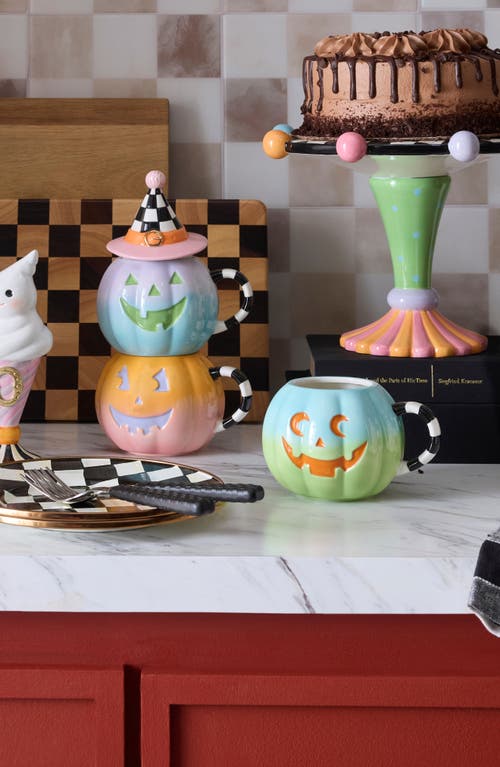Mackenzie-childs Mackenzie Childs Trick Or Treat Set Of 3 Stackable Pumpkin Mugs With Witch Hat Lid In Multi