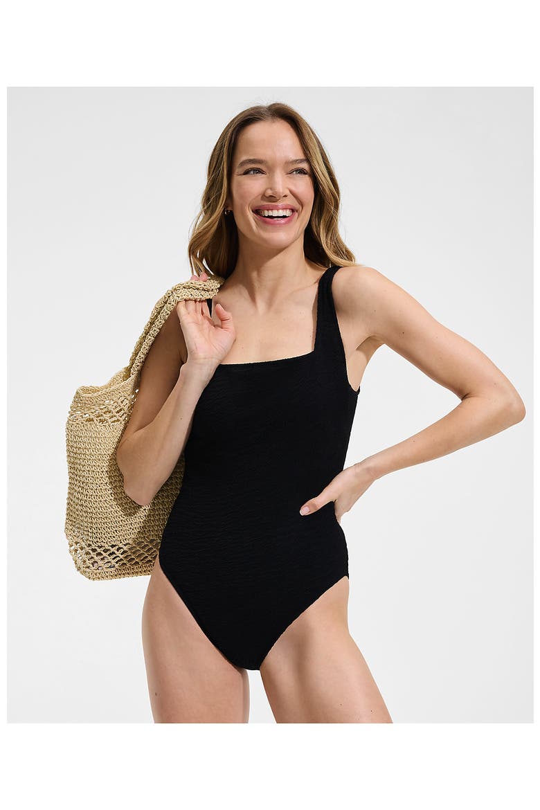 Womens Boucle Square Neck Scoop Back One Piece Swimsuit, Alternate, color, Black