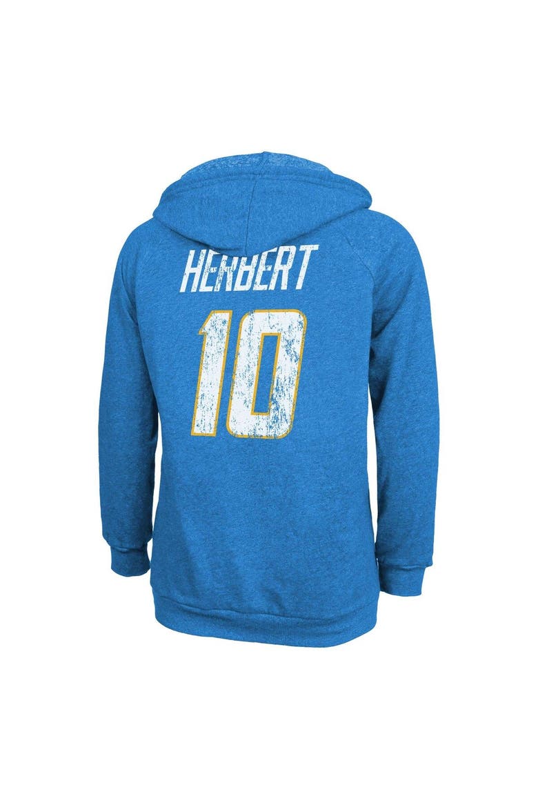 Women's Majestic Threads Justin Herbert  Powder Blue Los Angeles Chargers Name & Number Tri-Blend Pullover Hoodie, Alternate, color, Powder Blue