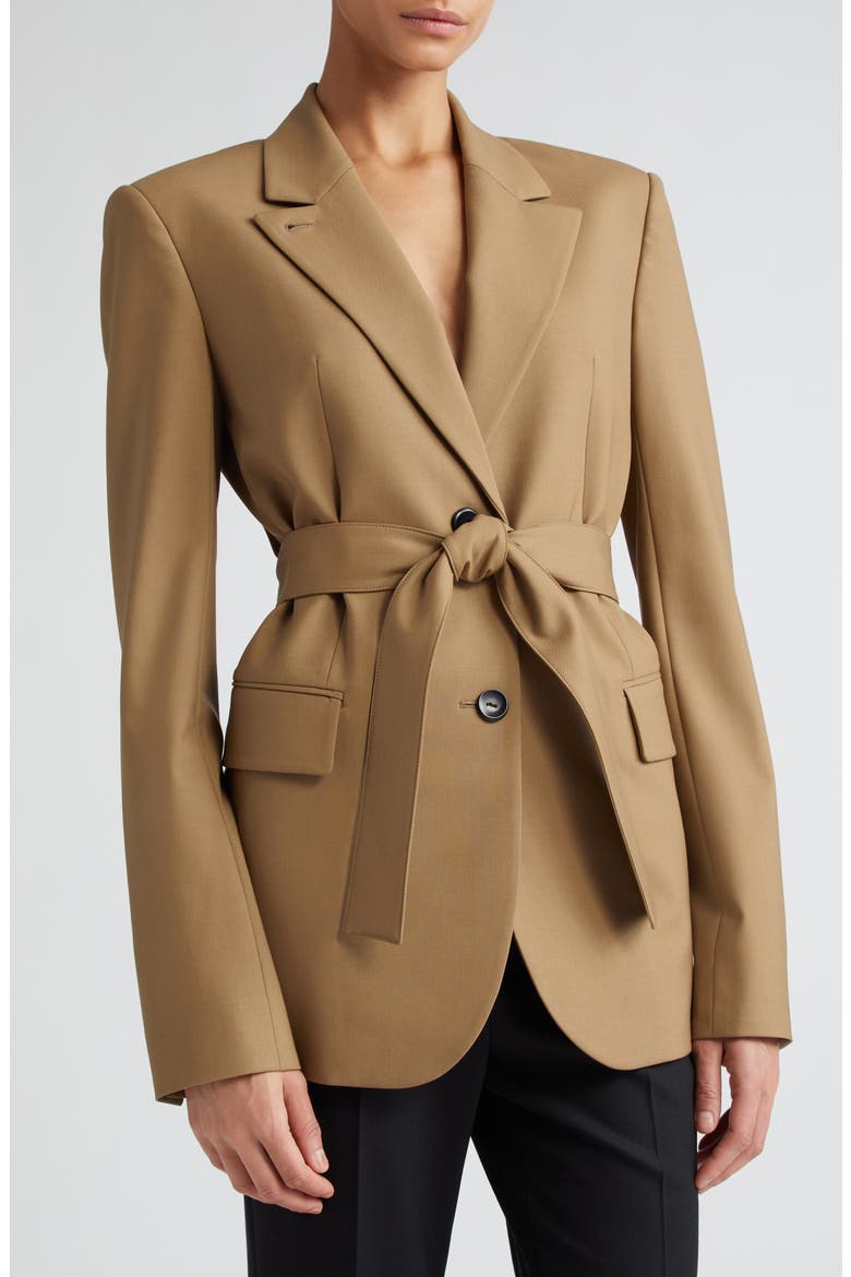 Belted Stretch Wool Blazer, Alternate, color, TOFFEE