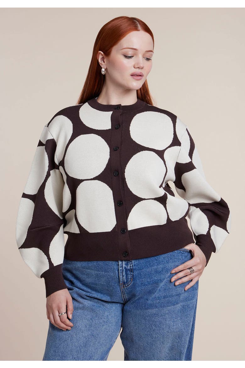 Intarsia Knit Puff Sleeve Cardigan, Main, color, DOTS ON CHOCOLATE