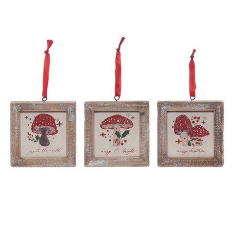 Wood Merry Mushroom Block Ornament Set of Three Christmas Decor