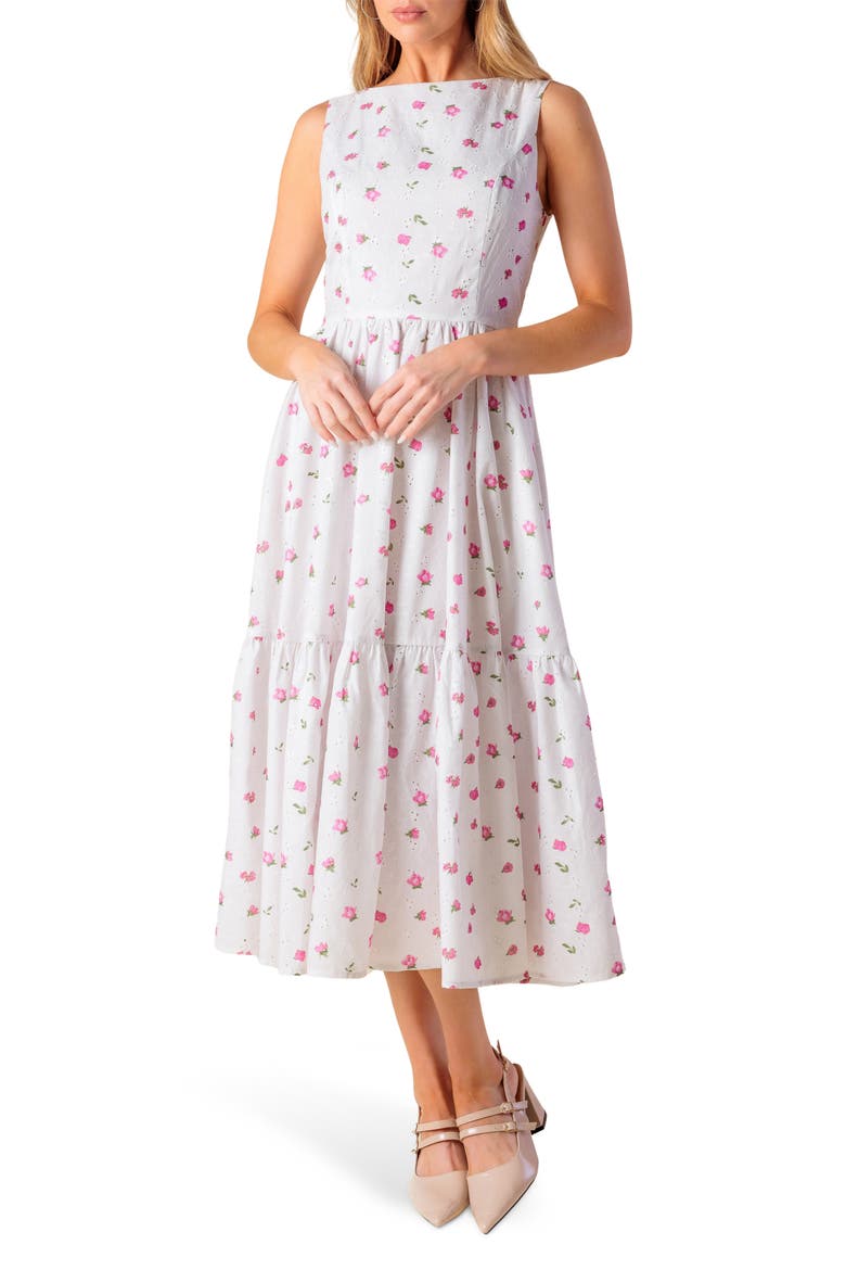 Floral Embroidered Eyelet Cotton Blend Fit & Flare Dress, Main, color, WHITE/ PINK