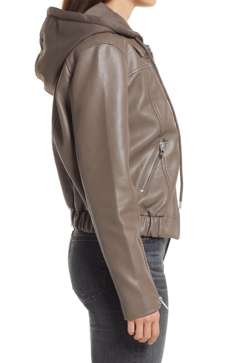 Faux Leather Bomber Jacket with Removable Hood, Alternate, color, WEEKEND RETREAT