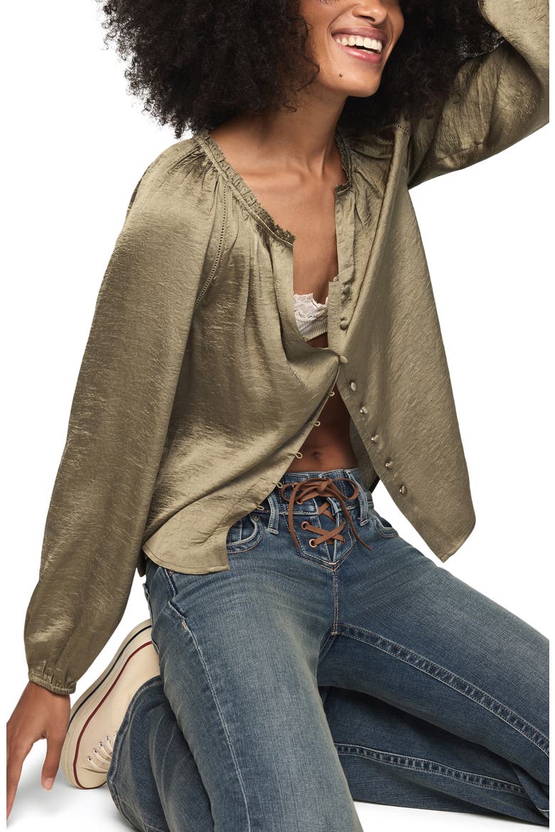 Hammered Satin Peasant Top, Alternate, color, DUSTY OLIVE