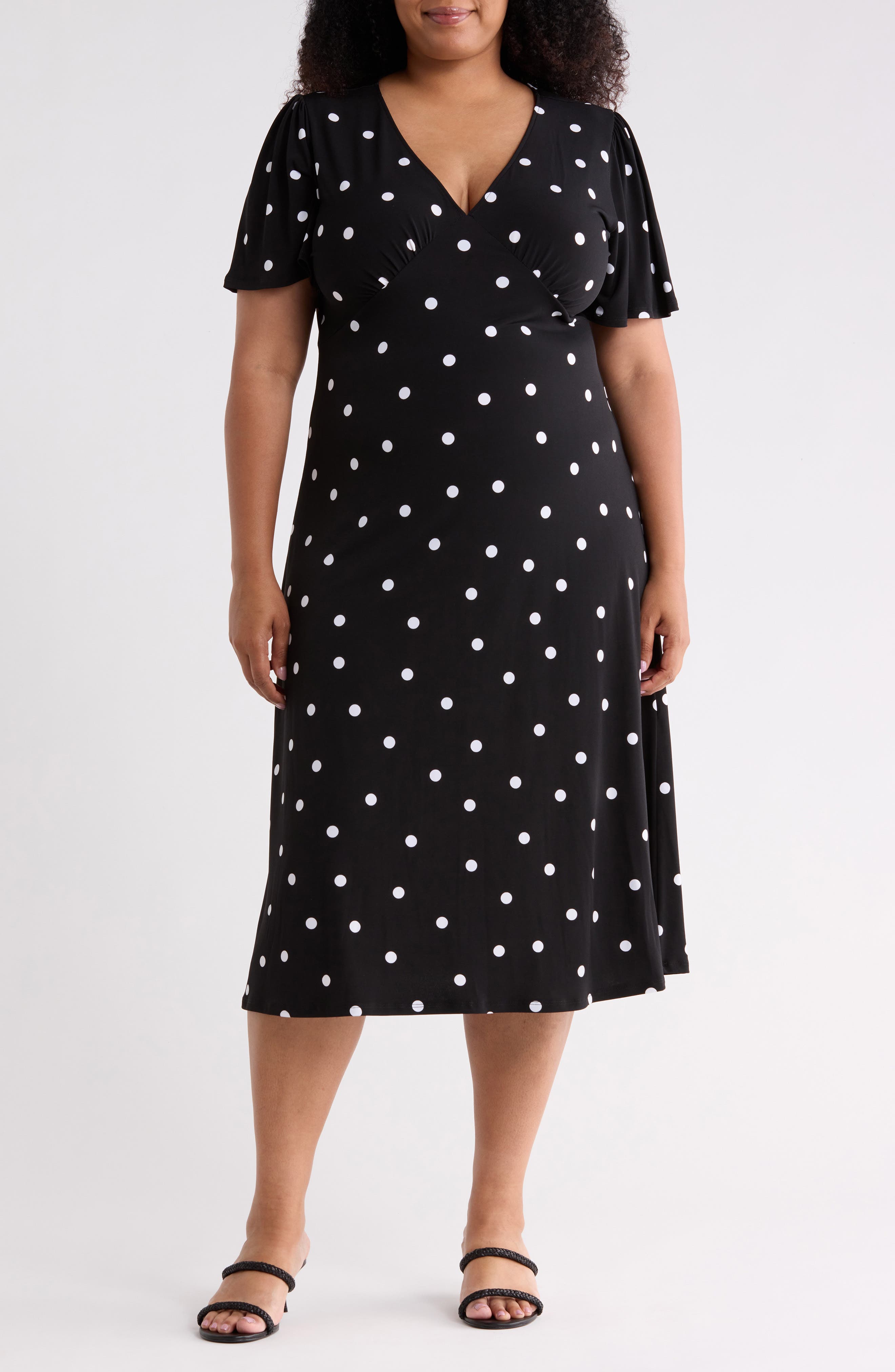 Flutter-Sleeved V-Neck Midi Dress