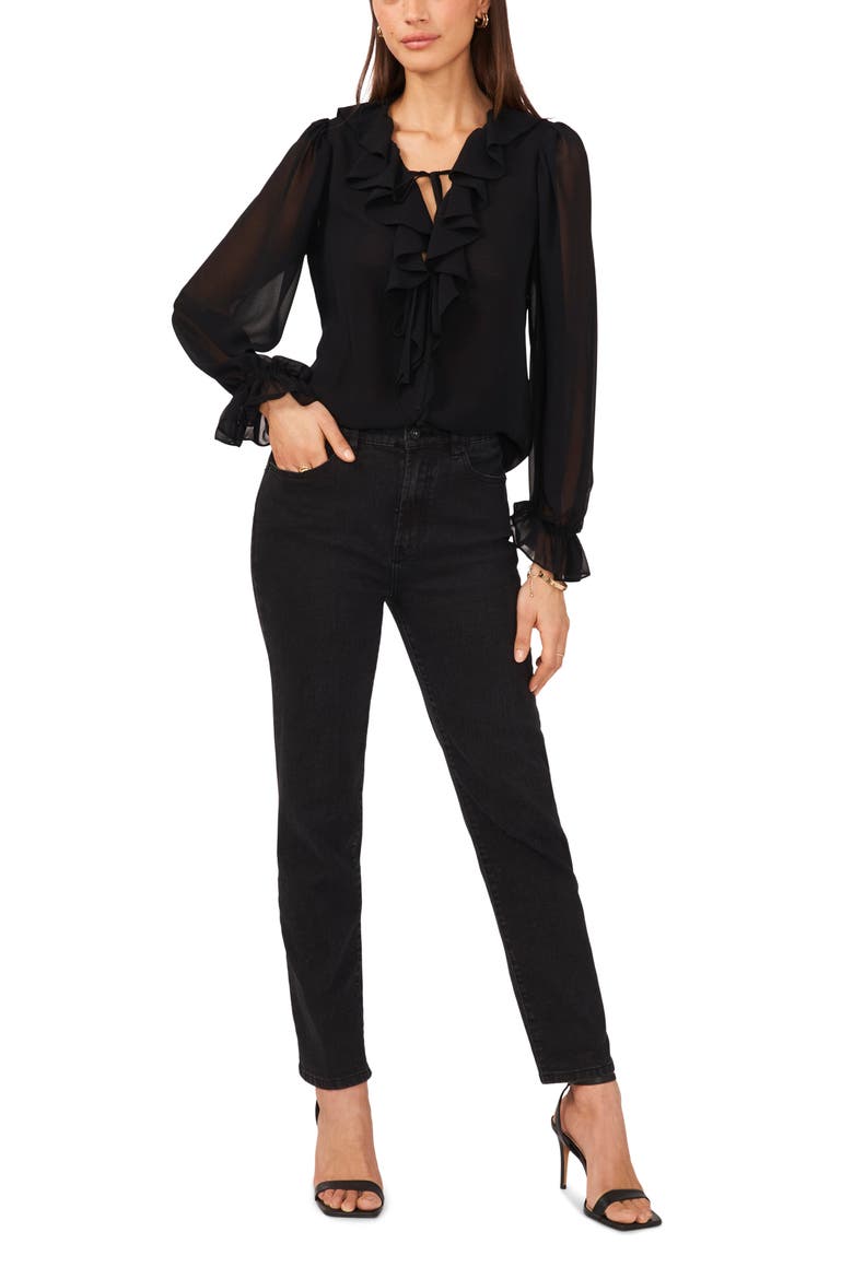 Ruffle Tie Neck Top, Alternate, color, RICH BLACK