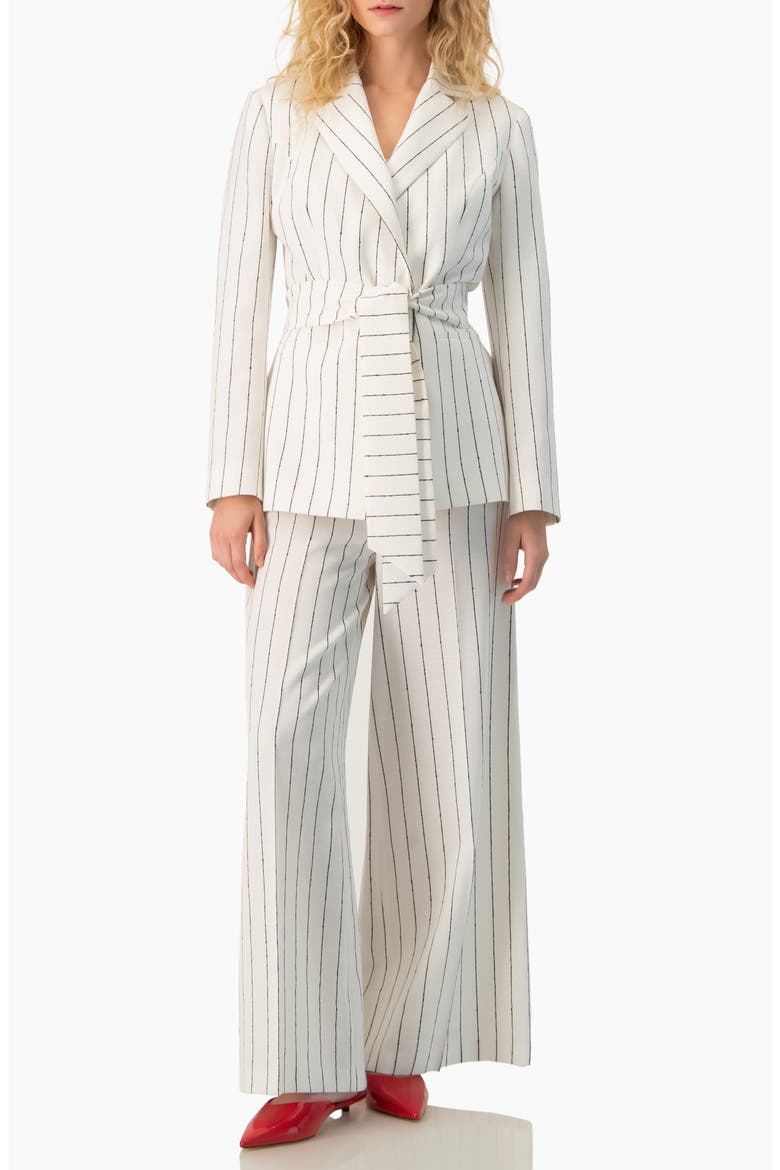 Pinstripe Self-Tie Belted Wrap Tailored Blazer, Alternate, color, White